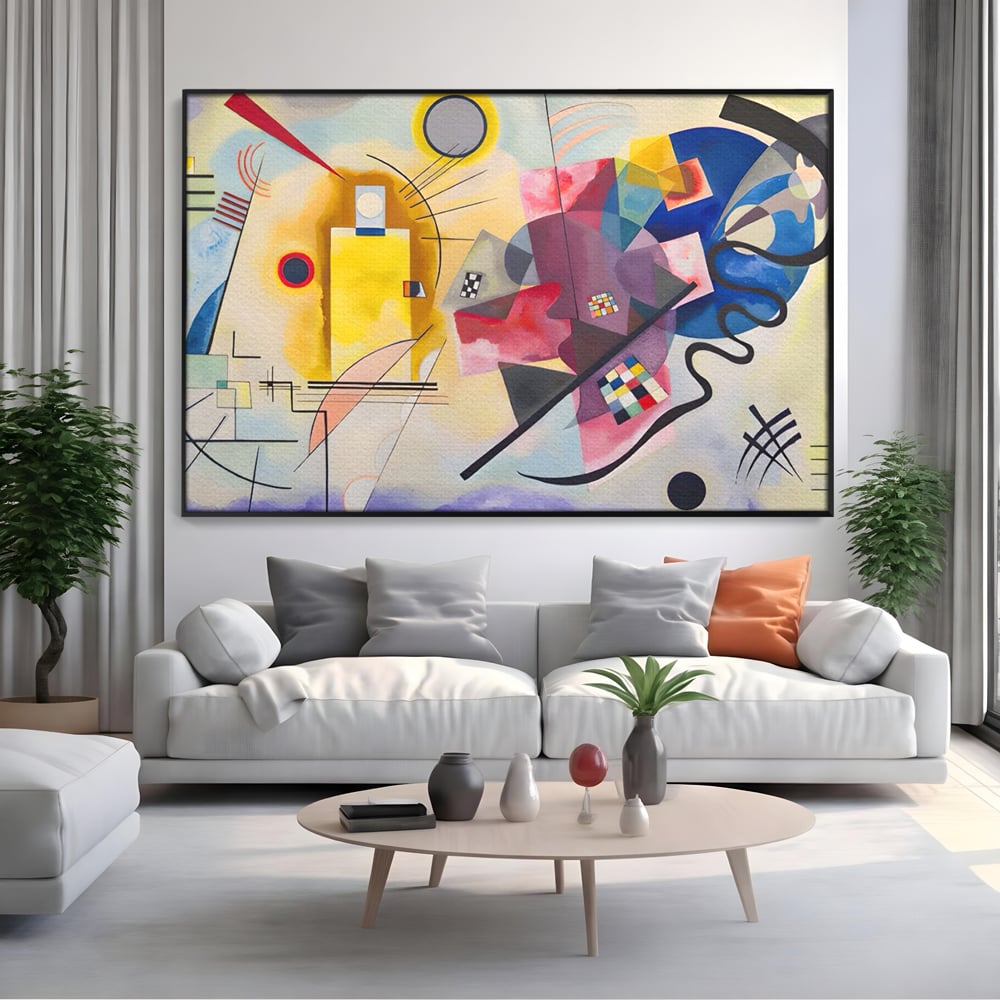 Tablou canvas cu pictura abstracta cu forme geometriche si linii, in rama de aluminiu negru, pe perete intr-un living